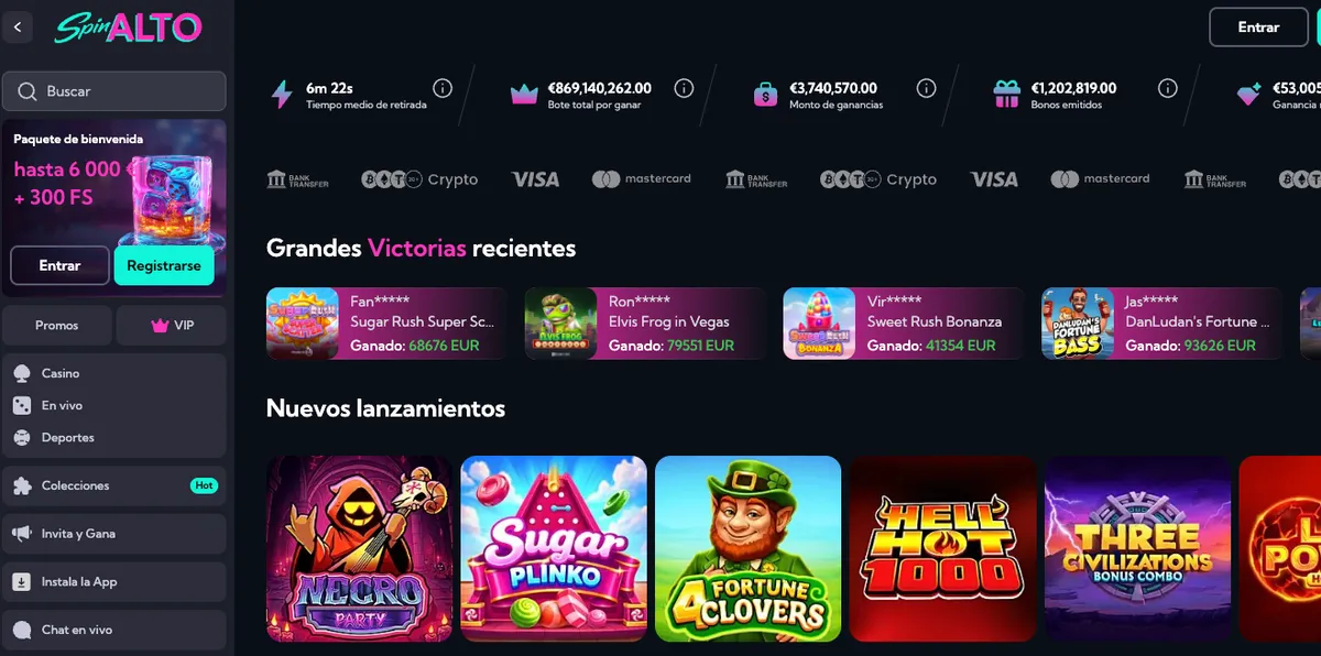 Página principal de Spinalto Casino con el bono de hasta 1.000 € y 250 giros gratis