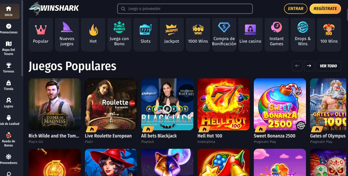 Interfaz de Winshark, con su bono de 500 € y 200 giros gratis